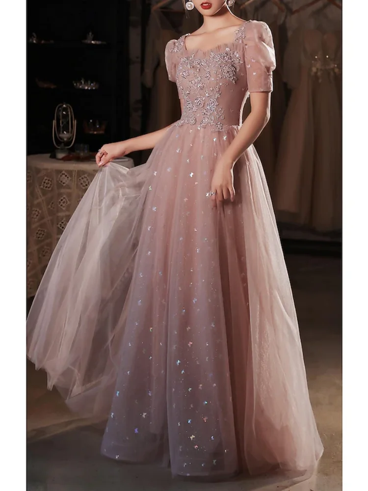 Vestido de noche elegante de línea a para invitados de boda, longitud hasta el suelo, manga corta, escote Corazón, satén, espalda en V con apliques de cuentas, vestido de Graduación