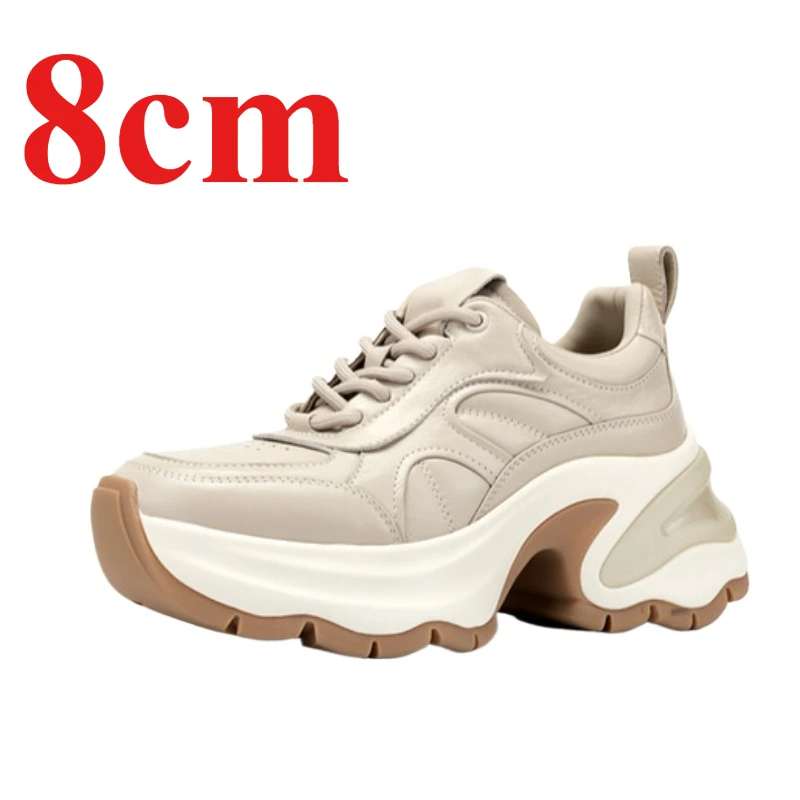 

Thick Bottom Dad Shoes for Women's Increased 8cm Sneakers Genuine Leather Height Increasing Shoes Breathable Casual Sports Shoes