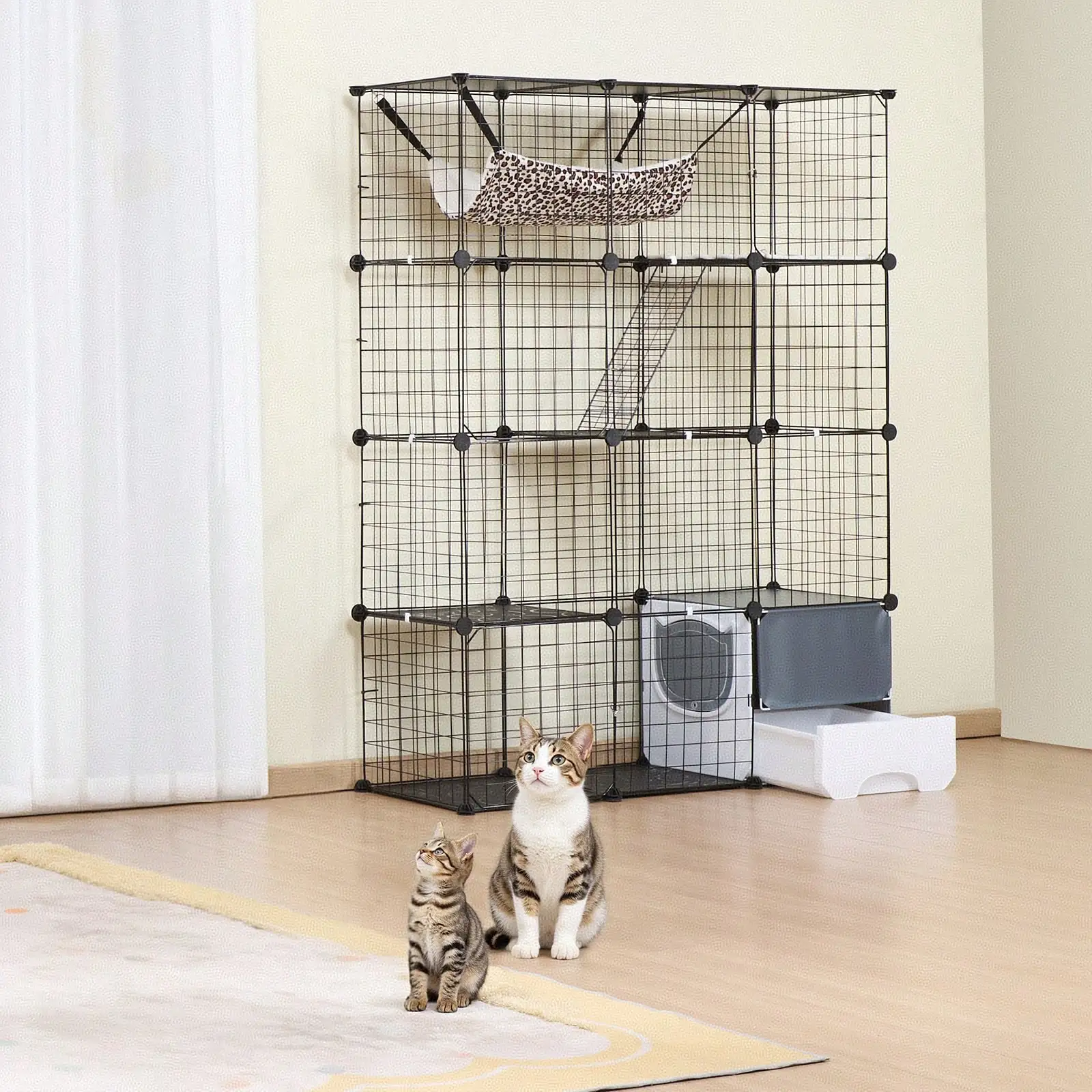 Large 4-Tier Cat Cage, 41 X 14 X 55", Detachable Metal Wire Cat Enclosure, With Litter Box Hammock Ramp Ladders, Indoor & Outdoor Crate Exercise Place Ideal For Kitty, Small Animals, Black