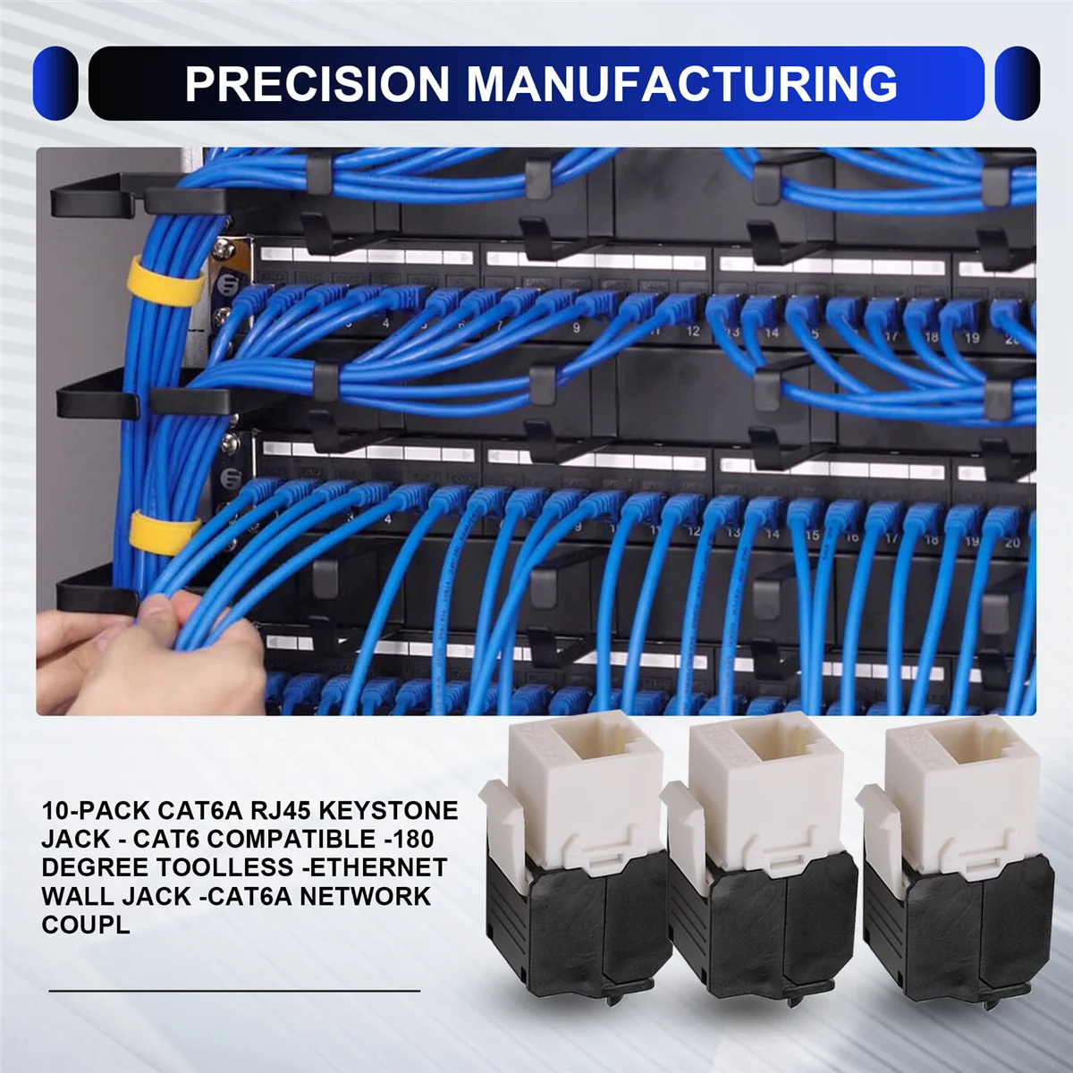 Y06A Pacote com 10 conectores Cat6A RJ45 - Compatível com Cat6 -180 graus sem ferramentas - Conector de parede Ethernet - Acoplador de rede Cat6A