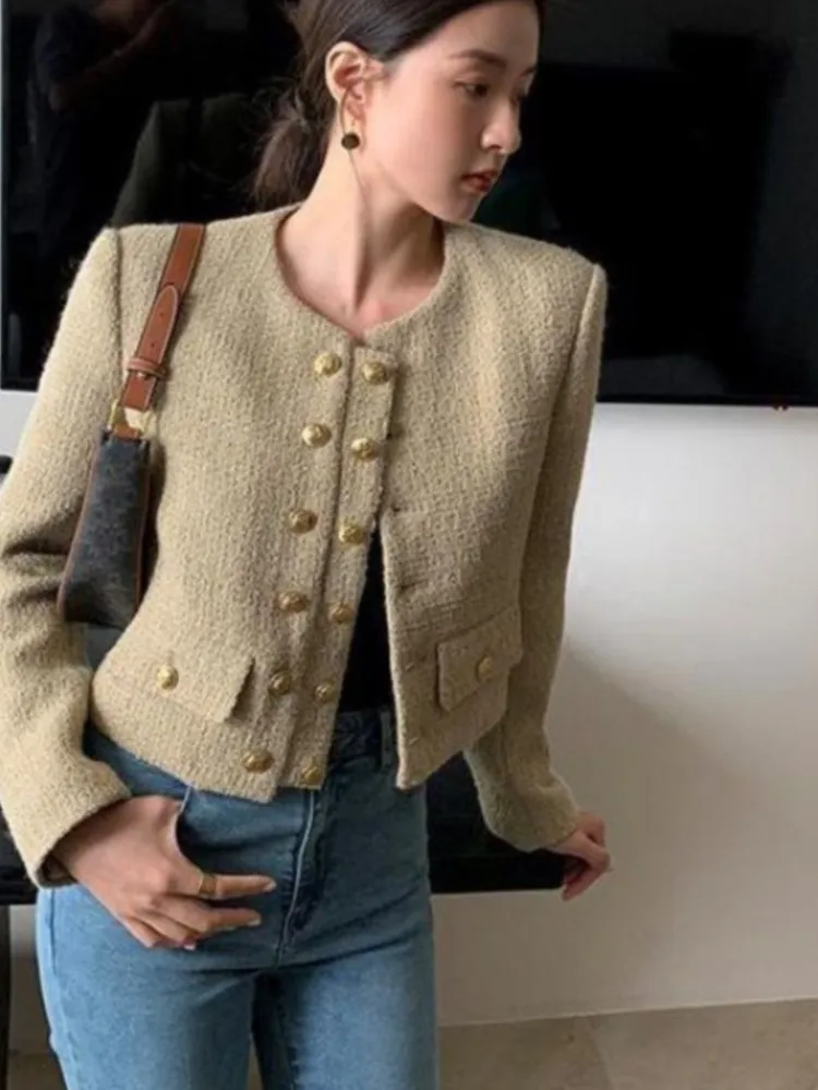 

Vintage Solid Color Tweed Winter Coat Double Breasted Commuter Elegant Women Jacket Slim Fashion Autumn Outwear Office Lady New