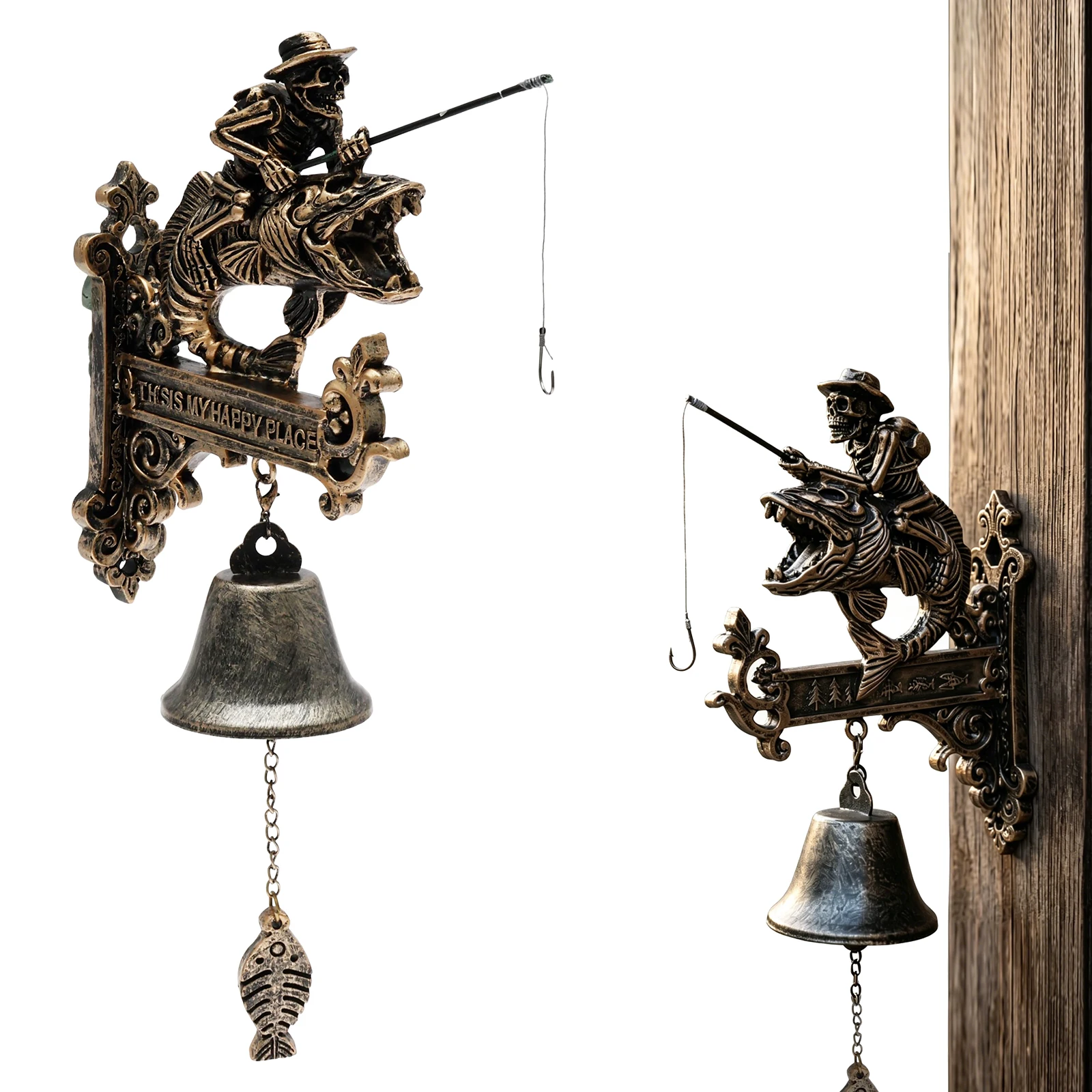 Skeleton Fisherman Wall Bell Retro Fisherman Doorbell Decor Vintage Skeleton Fishermen Doorbell for Outdoor Bar Home Decoration