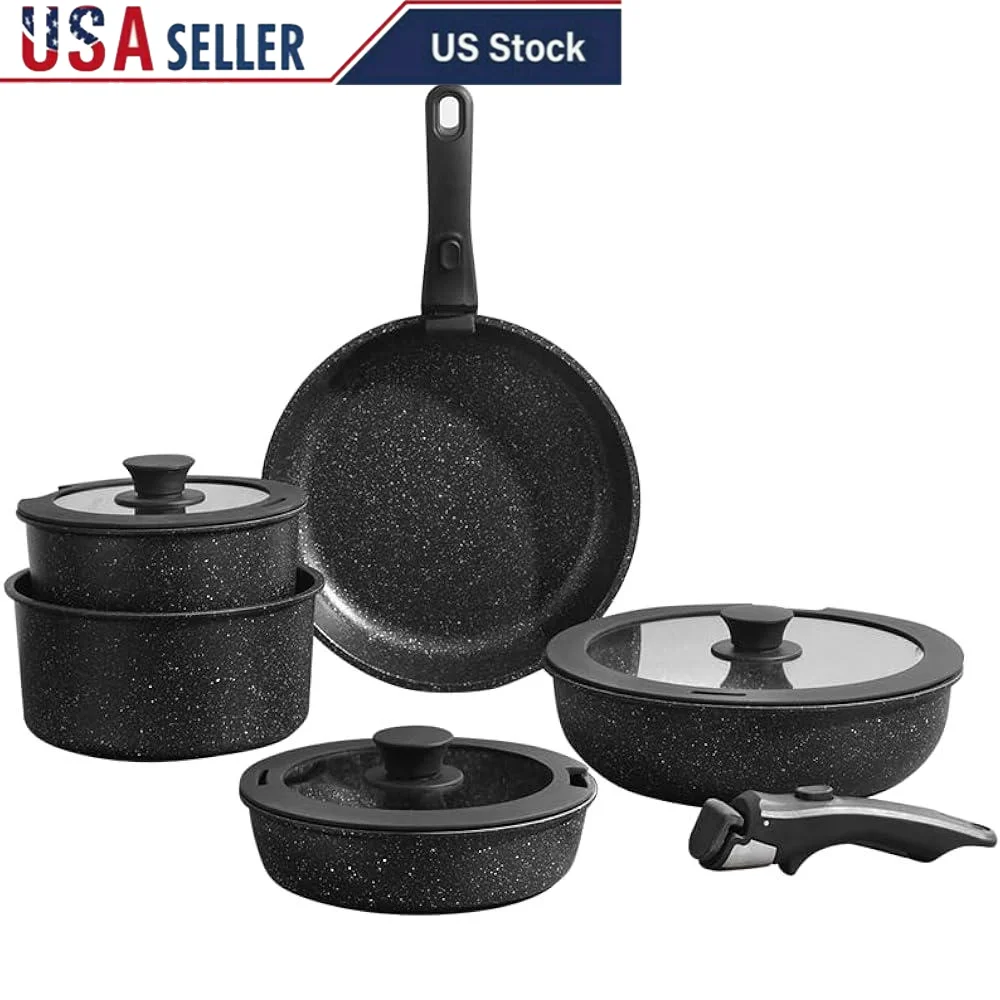 

Набор посуды с антипригарным покрытием, съемная ручка, 10 шт., индукционные кастрюли и сковороды, штабелируемый кухонный набор, легко чистится, здоровая посуда