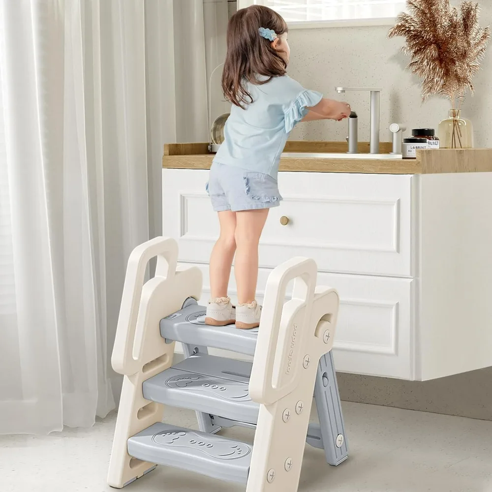 Taburete plegable para niños pequeños, con mango de seguridad mejorado, escalera antideslizante, taburete de mostrador para niños pequeños, utilizado para lavabo de baño