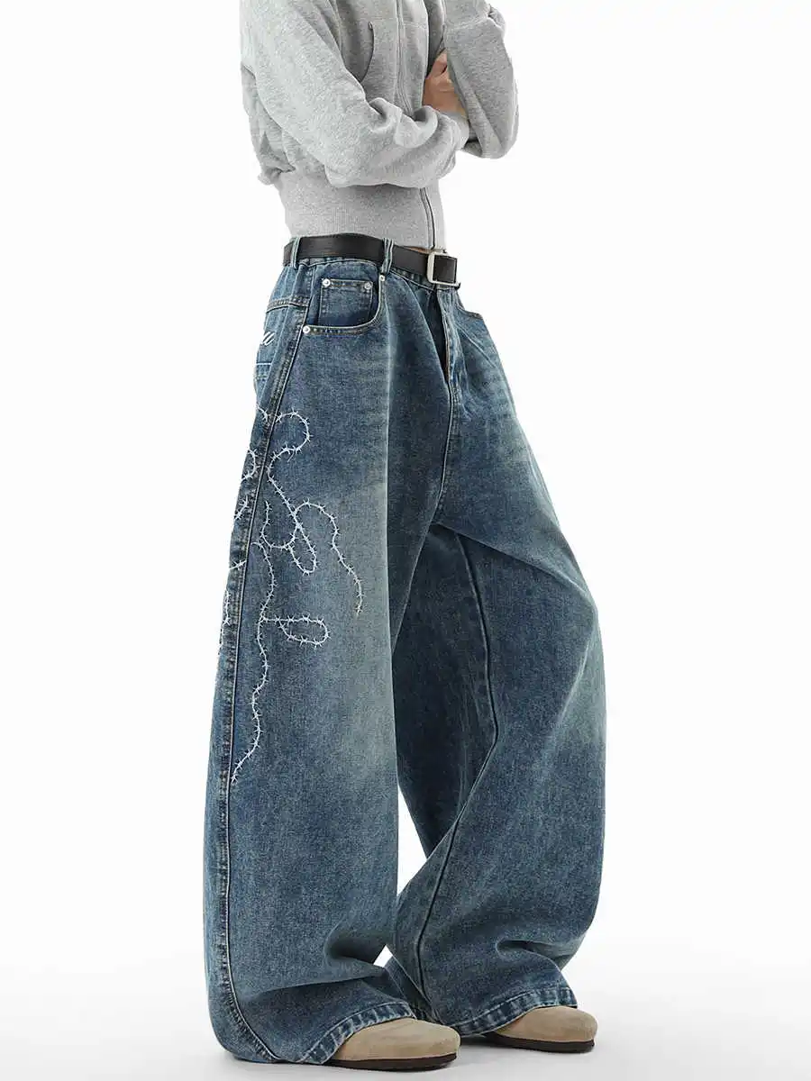 

2025 Autumn Winter Women's Embroidery Denim Pants Y2K Baggy Jean Japanese Harajuku Grunge 2000s Wide Fit Jean Cowboy Mom Jeans