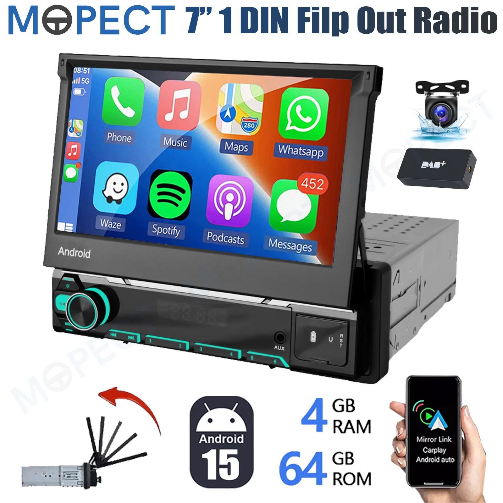 MOPECT 7-Zoll Android 15 Autoradio mit ausklappbarem Bildschirm, WLAN, CarPlay, Single-DIN-Multimedia-Player, GPS-Navigation, USB, Bluetooth & DAB+Kamera