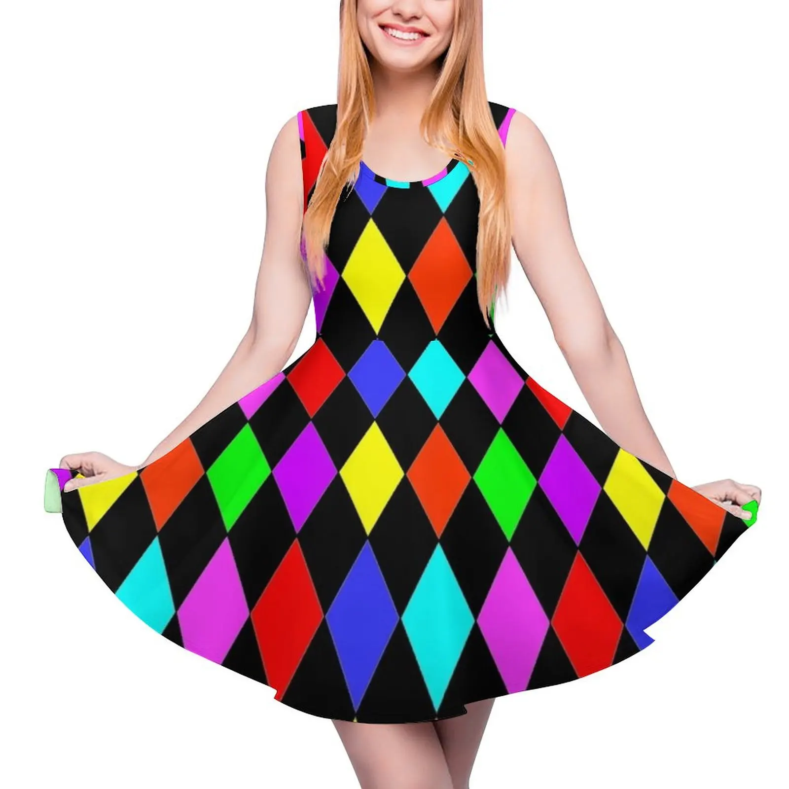 

MULTICOLOUR HARLEQUIN WITH PINK RED GREEN BLUE BLACK RED PURPLE AND YELLOW Sleeveless Dress chic and elegant evening dress