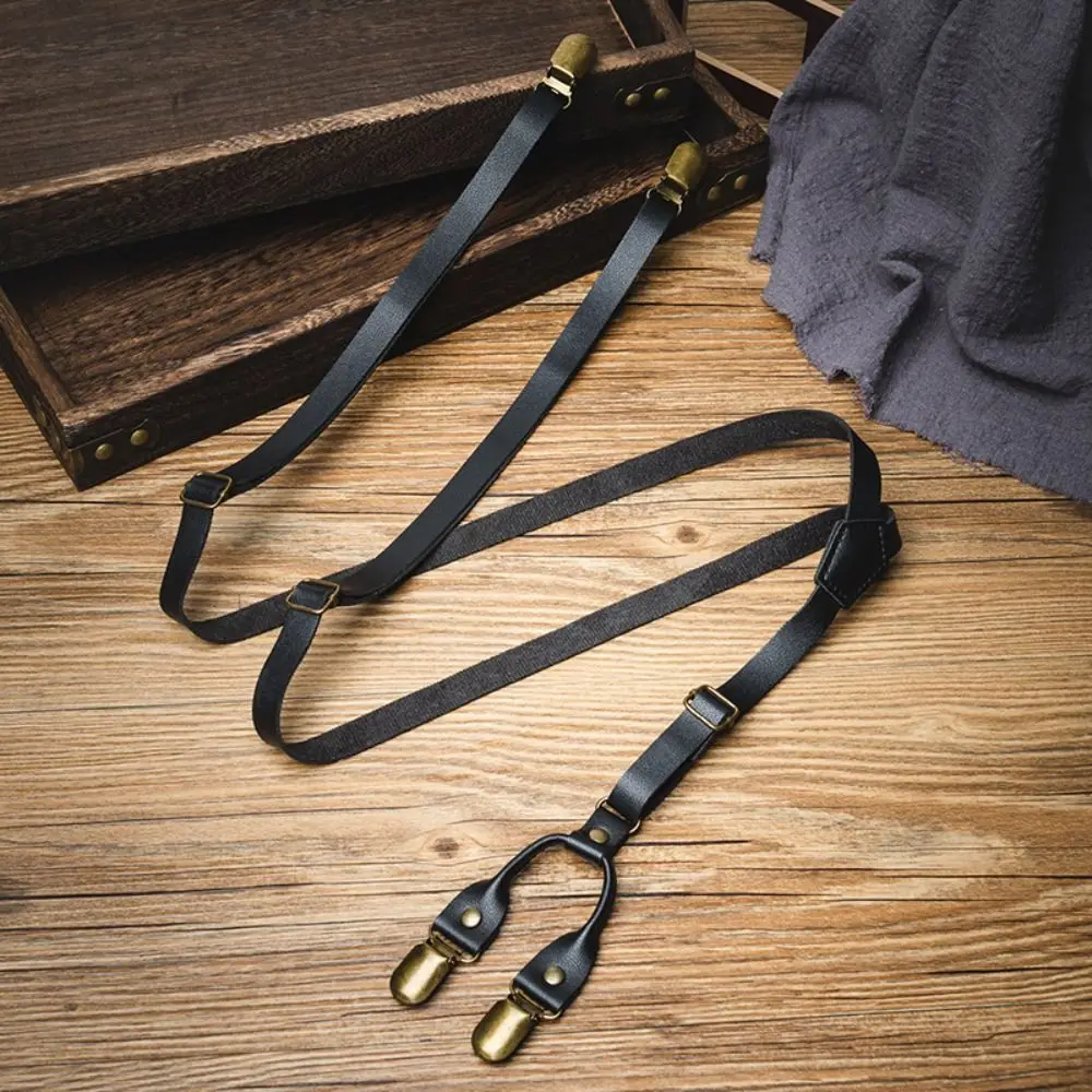 Fashion 1.5CM Suspenders for Men Black Retro Leather Suspenders Metal Clip Anti-slip Suspender Clip Men