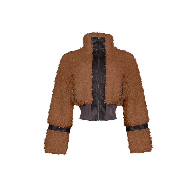 2025 الخريف الشتاء خمر الفراء المرقعة بولي Leather الجلود معاطف قصيرة النساء رفض طوق كم كامل سليم عادية تنوعا سترة