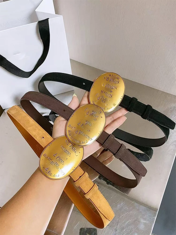 Fashionable Cowhide Belt Women's Slim Oval Buckle Dress Pants Decorative Belt Street Style Casual Leisure Outerwear