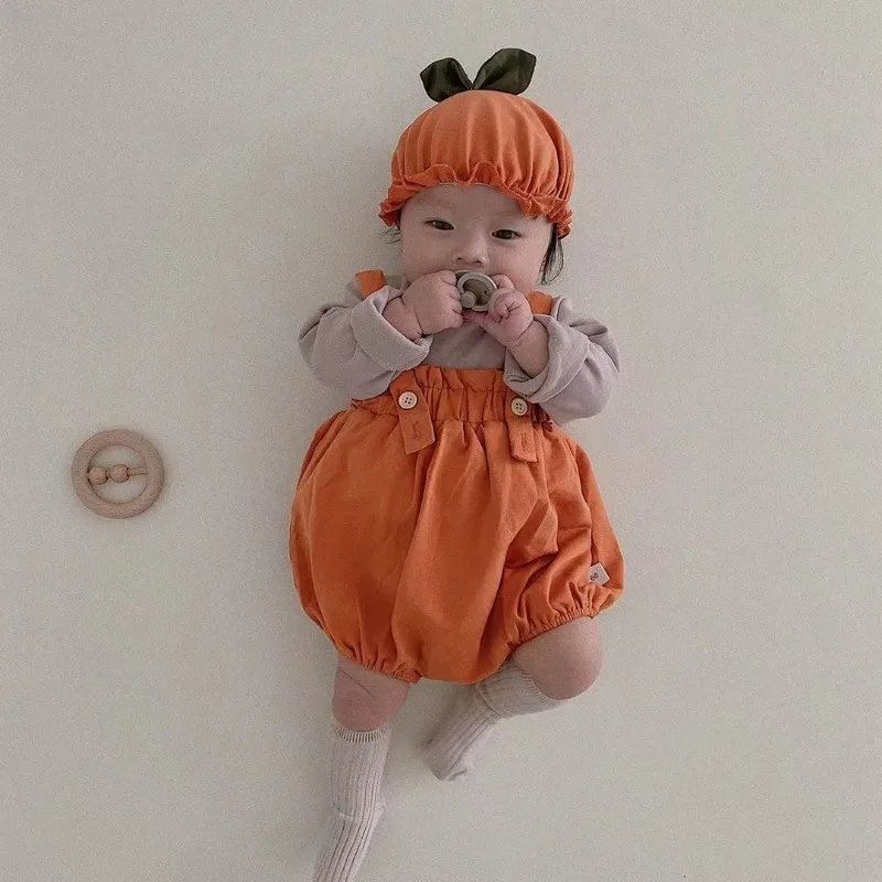 

Одежда для маленьких мальчиков и девочек на Хэллоуин, комбинезон оранжевого цвета в форме тыквы, комбинезон, шляпа, мультяшный кавайный наряд, мягкий костюм для младенцев