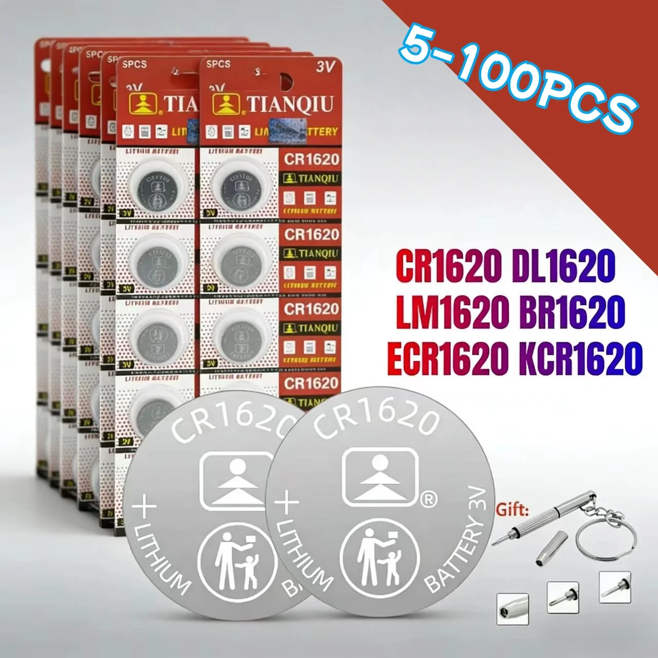 

5-100 шт. литиевые батарейки CR1620 3V (LM1620, BR1620, ECR1620, KCR1620, CR 1620, 5009LC) емкостью 70 мАч для часов и игрушек