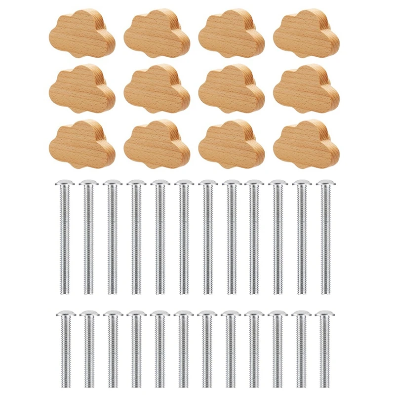 Boho Dresser Knobs- 12 Pack Beech Wood Drawer Knobs Cloud-Shaped Wooden Dresser Pulls for Cabinets, Furniture