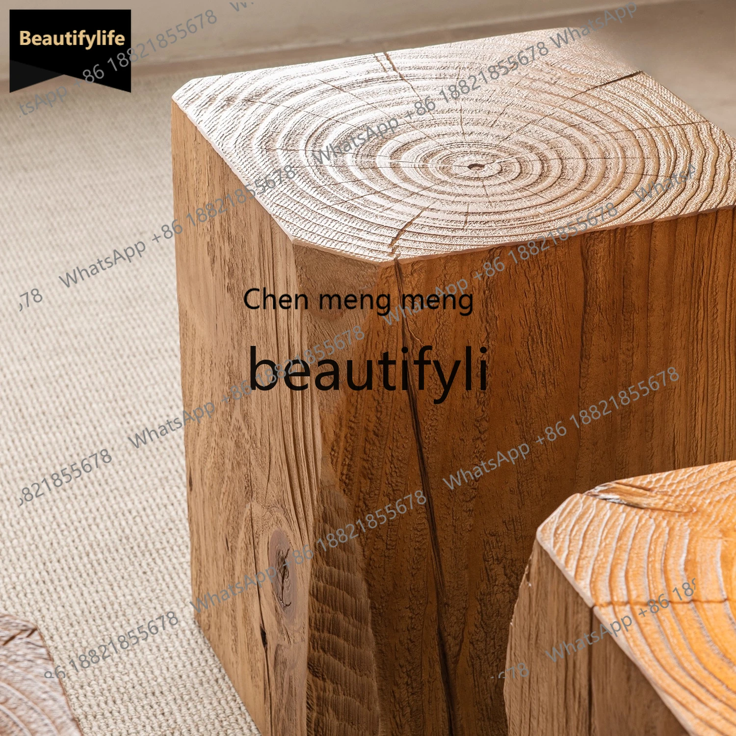 GG Vintage Distressed Square Solid Wood Stump Hotel Decoration Set Coffee Table Tree Stump Homestay Flower Stand Base