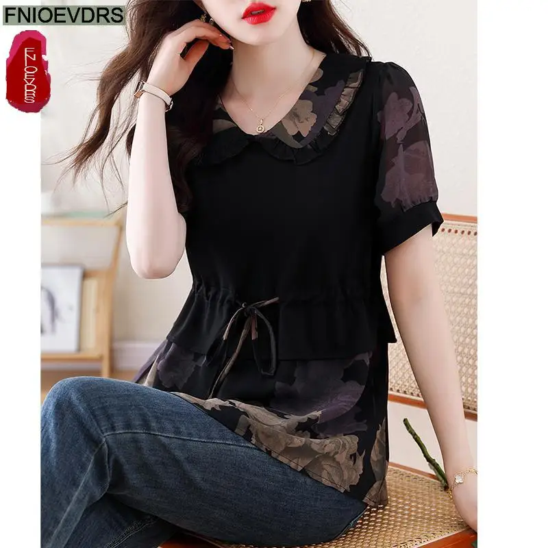 L-5XL 2024 Peter Pan Collar Tops Women Basic Wear Office Lady Short Sleeve Fashion Retro Vintage French Design Shirts Blouses