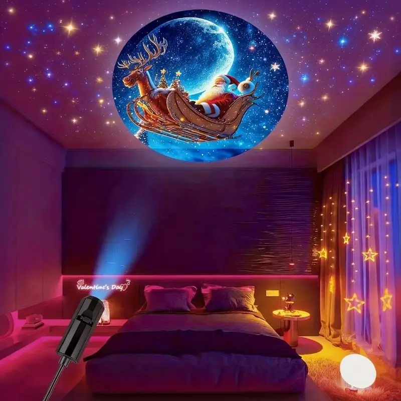 USB Christmas Projector Light 4 Replaceable Slides Santa Sleigh Reindeer Pattern Rotatable For Bedroom Party Home Decoration