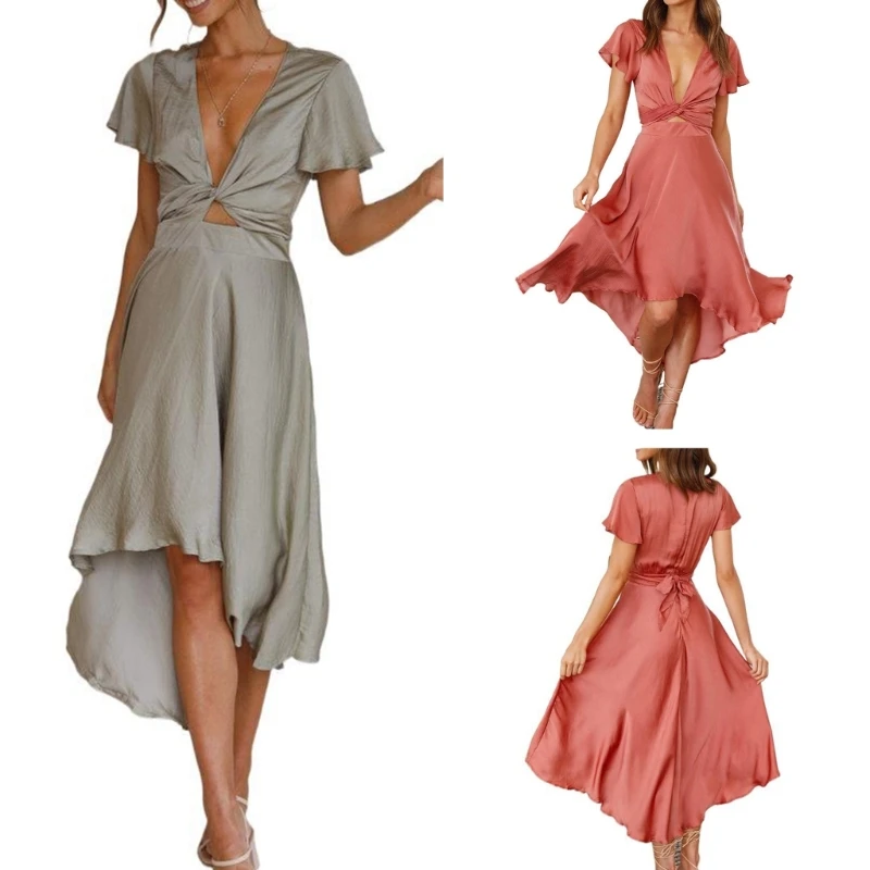 Womens Summer Satin Ruffle Short Sleeve V-Neck High Low Hem Flowy Midi Dress Twist Knotted High Waist A-Line Swing Dress