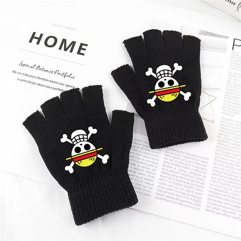 

ONE PIECE Pirate Skull Logo Cosplay Black Gloves Bicycle Motorcycle Fingerless Warmer Wrist Gloves Toys for Children Adult Gifts