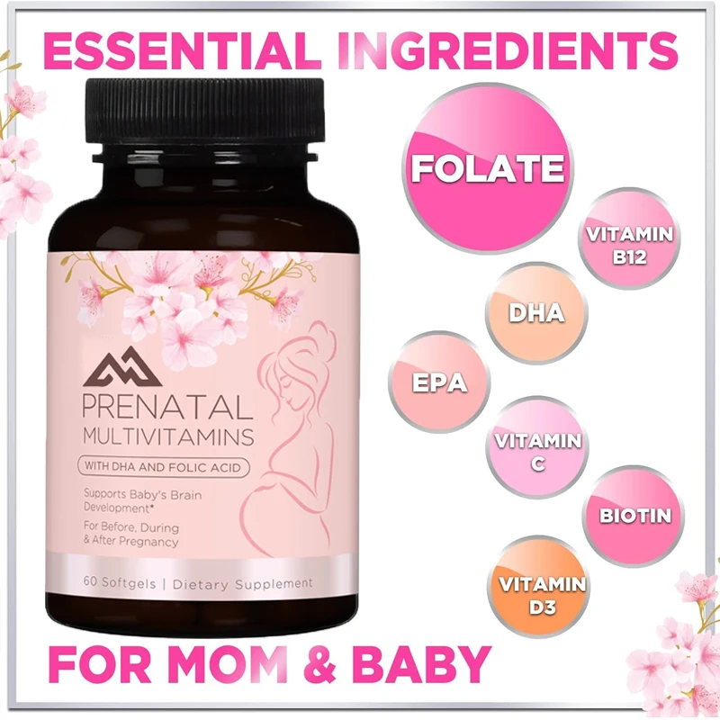 Prenatal multivitamins containing folic acid, iron, DHA, vitamin C, E - mineral supplements, 60 vegetarian soft capsules