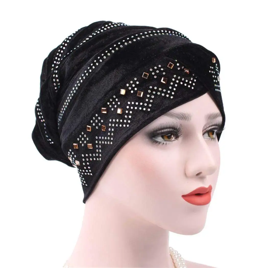 Velvet Cap Turban Shower Wide Sparkly Sleep Crystal Muslim Hijab Hat Headwear Beanie Pre-Tied Bonnet Hair Wrap For Women