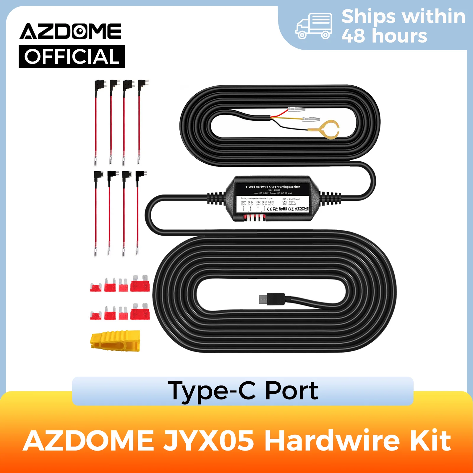 Azdome JYX05 Zestaw przewodowy do rejestracji w rejestratorze samochodowym z portem typu C dla M660/M550 Max/M300S/PG17 Ochrona przed niskim poziomem głośności 12V-24V wejście 5V2.5A wyjście