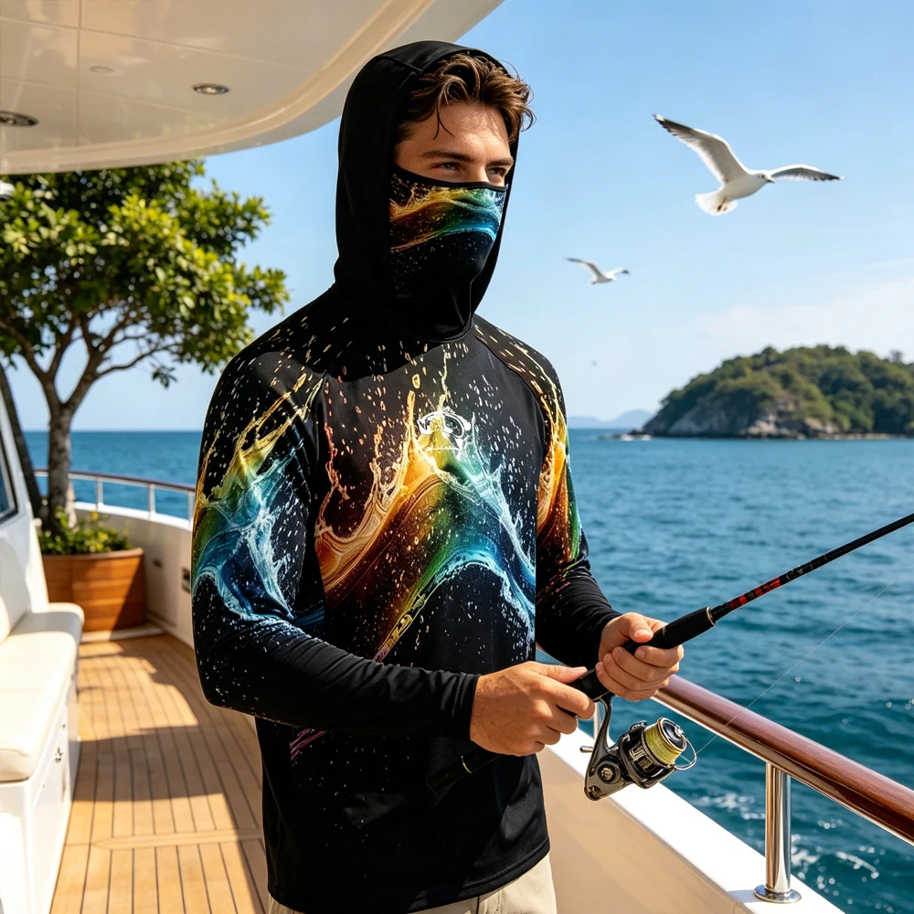 Men Long Sleeve Fishing Shirt  - Fishing Mask Sun Protection 评论和价格