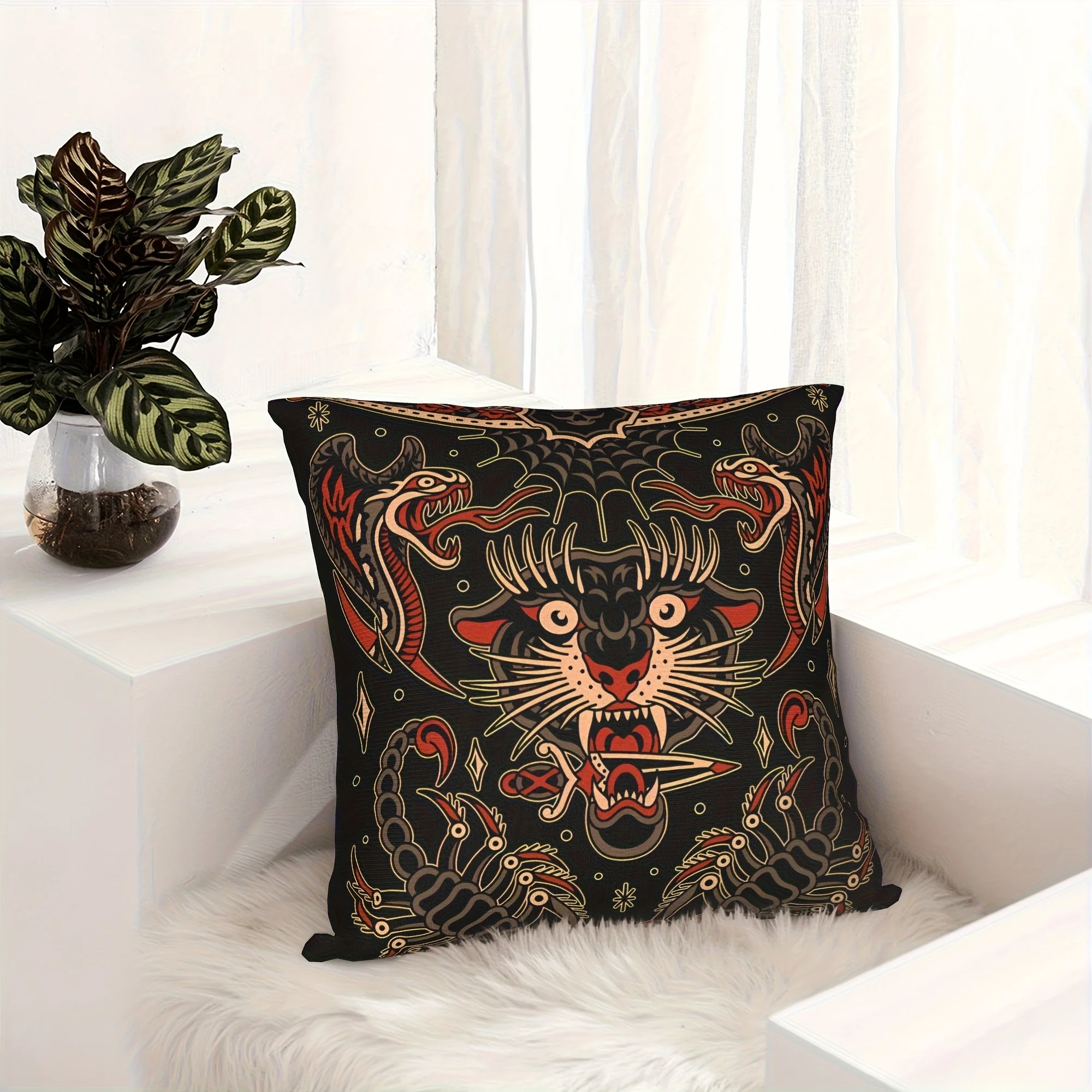 Vintage Tattoo Tiger Snake Double Sided Cushion Cover, Asian Graphic Art Pillowcase for Home Sofa Bedroom Decor, 1PC