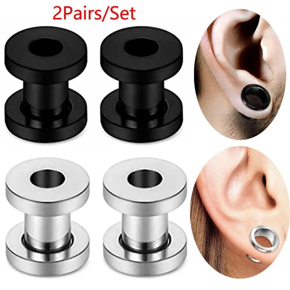 2Pairs Set Black Steel Ear Gauge Plug Flesh Tunnel Expander 1.6mm-20mm Double Flared Stretcher Screw Fit For Men and Women