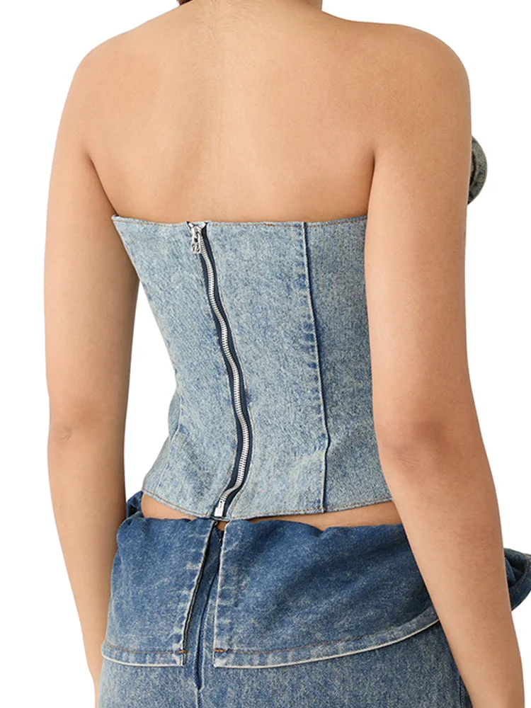 Y2K Retro Women Washed Denim Strapless Top 3D Flower Decor Sexy Spicy Girl Sleeveless Crop Tank 2026 Summer