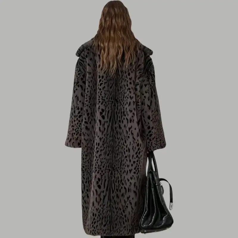 Winter Notched Lapel Collar Leopard Faux Mink Fur Coat Women Retro Tie Bow Sashes Belt Loose Warm England Style Long Outerwear