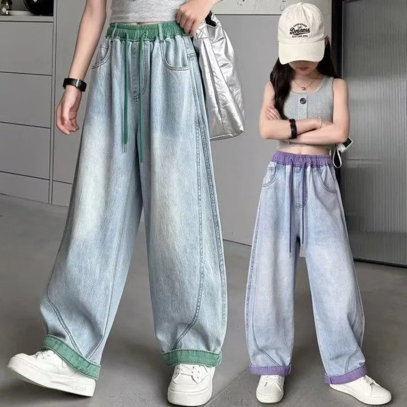 UNITIM 4-14 Jahre Mädchen-Jeans, Sommer, dünn, atmungsaktiv, für Kinder, Mädchen, Denim-Hose, lässig, gespleißt, für Junior-Mädchen, Hose mit weitem Bein – Detail 2