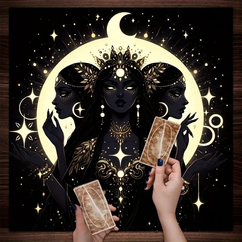VIKAMA Black Gold Hecate Three Phase Goddess Tarot Tablecloth Altar Divination Spiritual Underworld Divination Desktop Layout