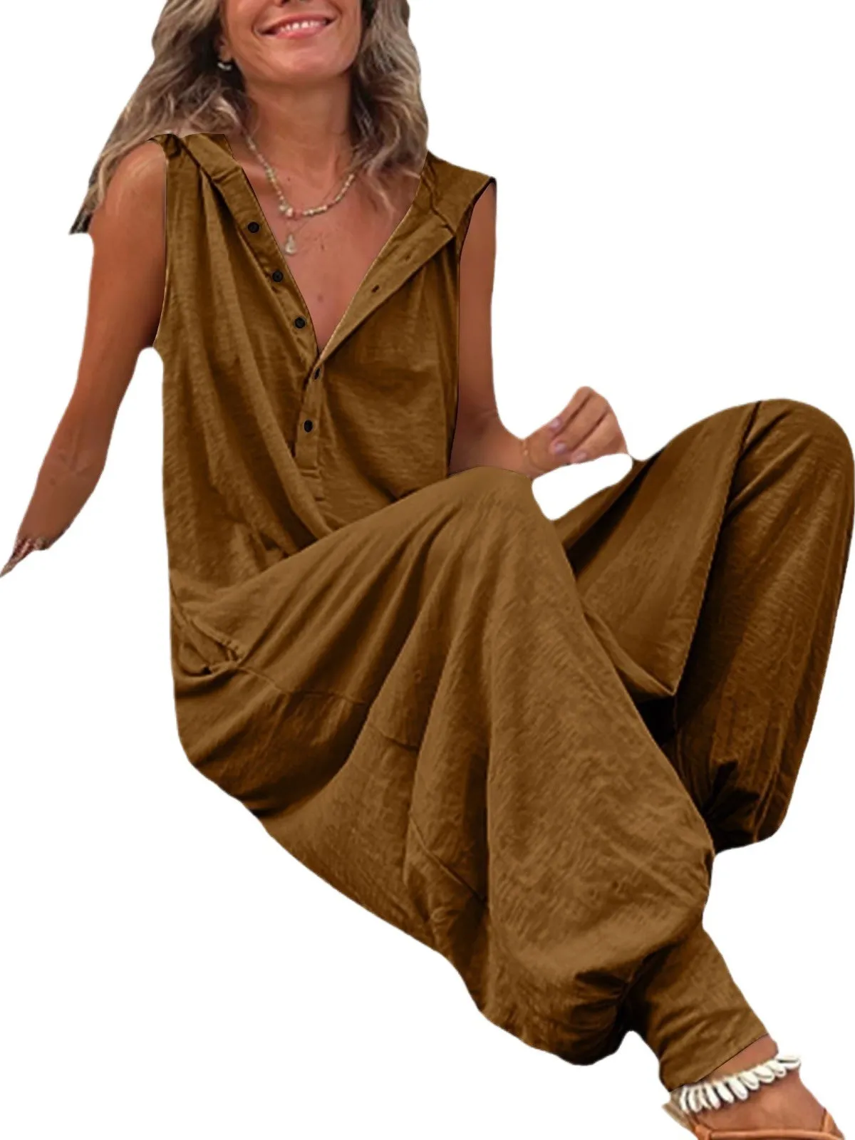 レディース ボタンアップ フード付き スウェット ジャンプスーツ ハイウエスト ロングパンツ ストリート スタイル ポリエステル生地 カジュアル 快適 スーツ