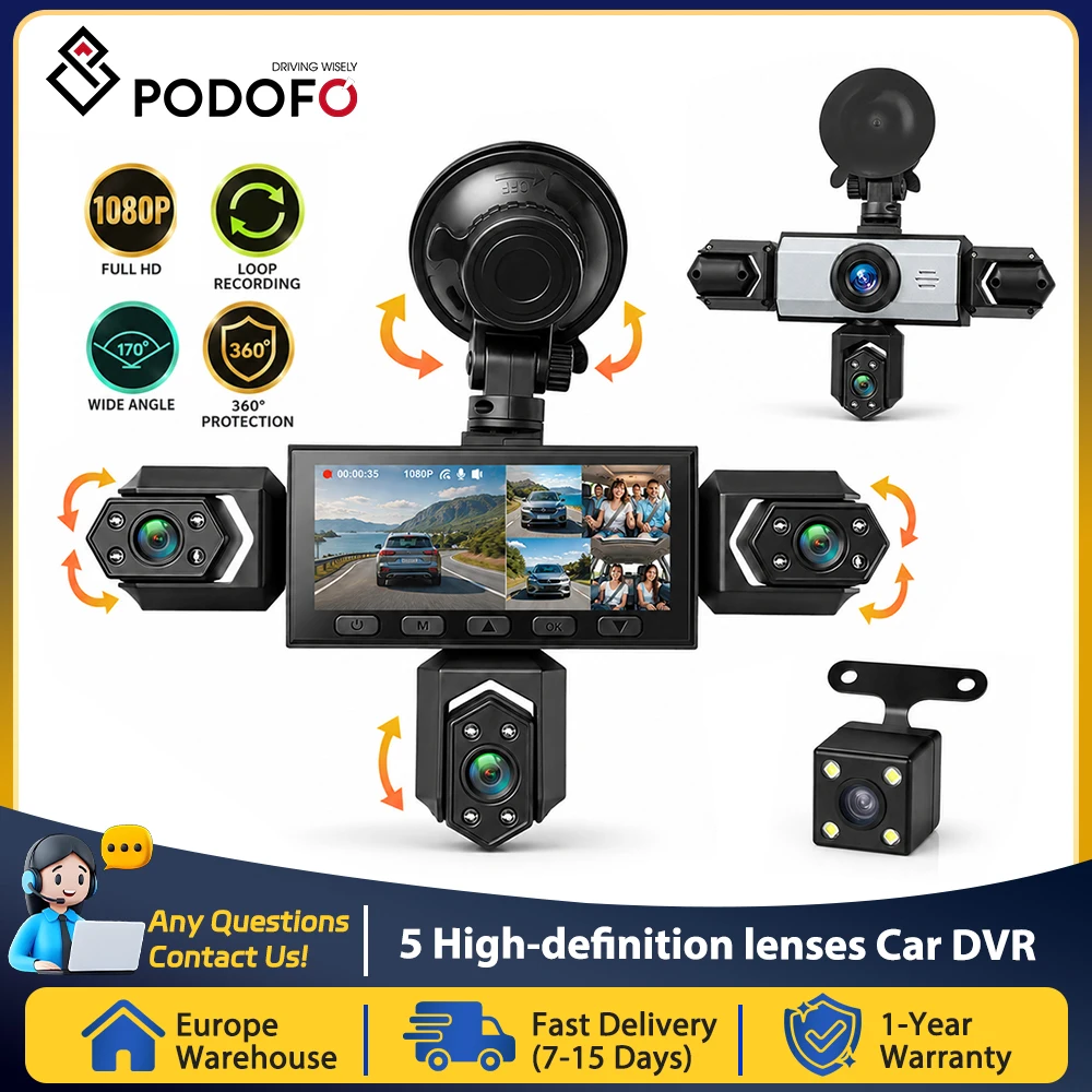 Podofo 5 Lens Car Video Recorder Parking Monitor Rear View Camera Car Dashcam With 480P Left Interior, Right Interior, And Rear View Cameras Car DVR Parking Assistance Camera