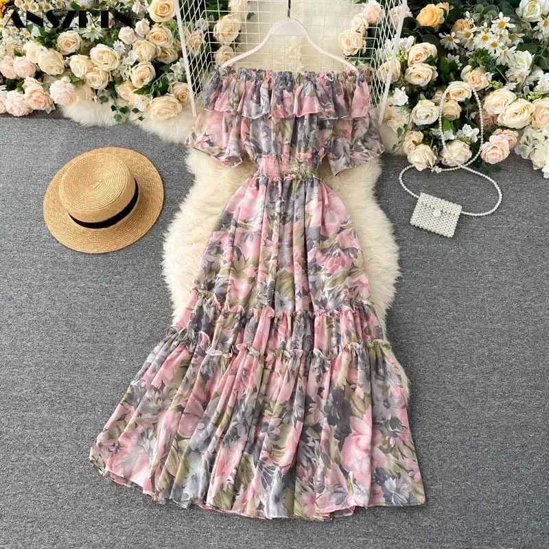 ANSZKTN Popularity Summer Sexy One Line Neck Strapless Holiday Dress Ruffled Long Chiffon Floral Dress