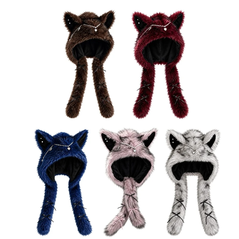 Plush Earflap Hat with 3D Cats Ear, Lined Interior, Extended Ear Coverage, and Foldable Brimless for Winter Travel D0UB