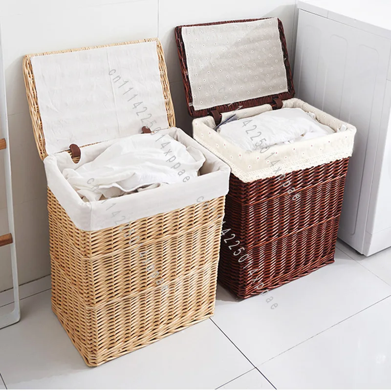 With Lid Large Rattan Clothes Willow Storage Basket Hot Pot Shop Dirty Clothes Basket Woven Dirty Clothes Basket