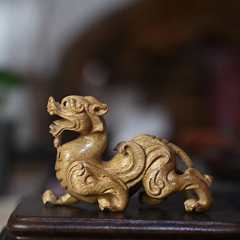 Premium Wooden Pixiu Decor Carved Desktop Ornament for Home Bookshelf Office Space Lucky Feng Shui Animal Craft Wooden Sculpture
