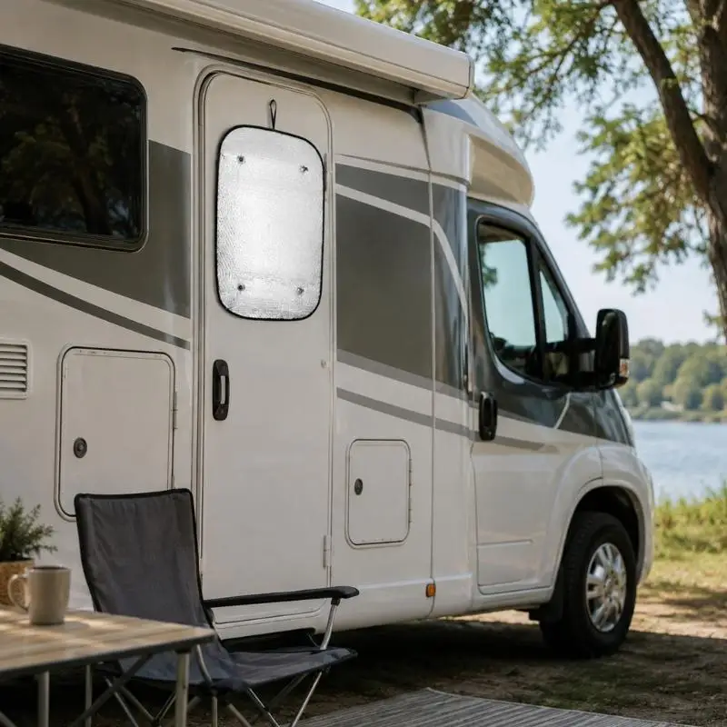M76E Travel Vehicle Shade Set, Reflective Two Panel Cover for Parked Motorhome Comfort, Light Relief and Simple Storage Between