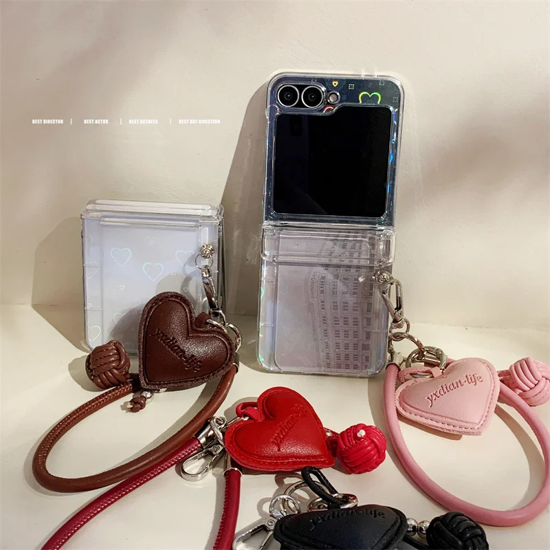 

3D Love Heart Wrist Strap Phone Case for Samsung Galaxy Z Flip 7 6 5 4 3 Laser Insert Cards Shockproof Cover