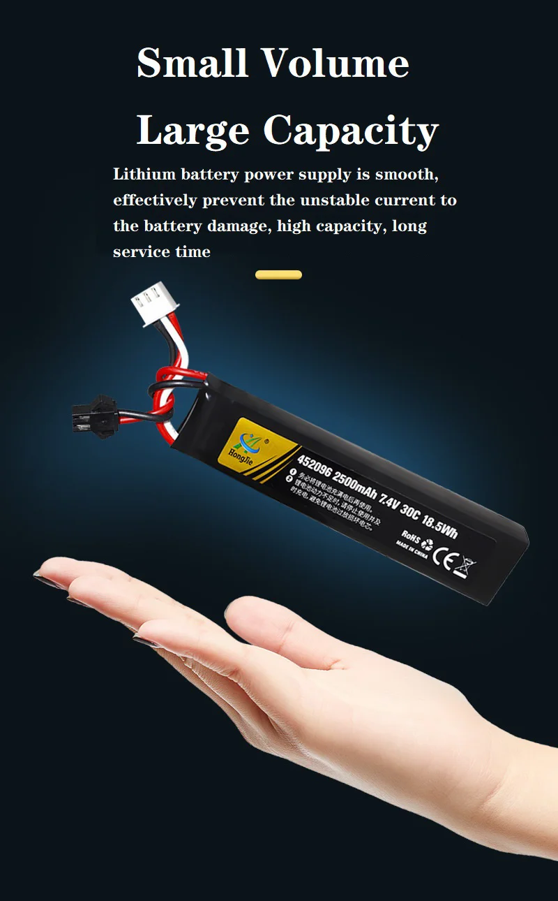 7,4V 2500mAh Lipo-Akku mit Split-Verbindung für Wasserpistolen, 2S 7,4V Akku für Mini-Airsoft-BB-Luftpistolen, Elektrische Spielzeugwaffen-Teile – Detail 9