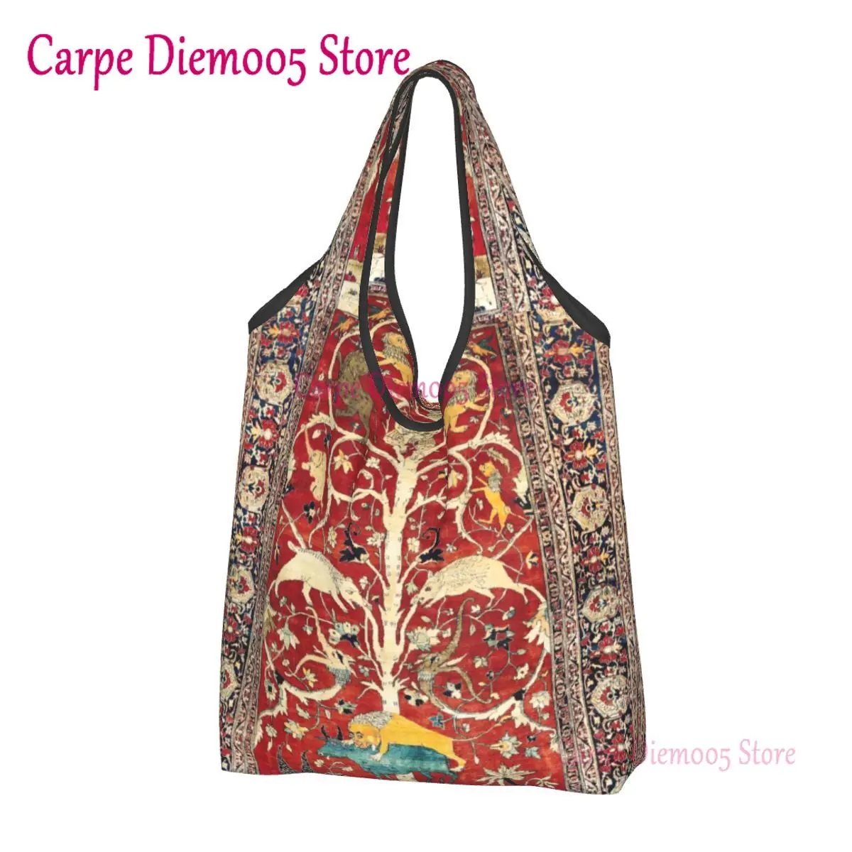 

Bohemian Silk Antique Persian Rug Grocery Tote Shopping Bag Turkish Ethnic Kilim Shopper Shoulder Bags Large Capacity Handbags