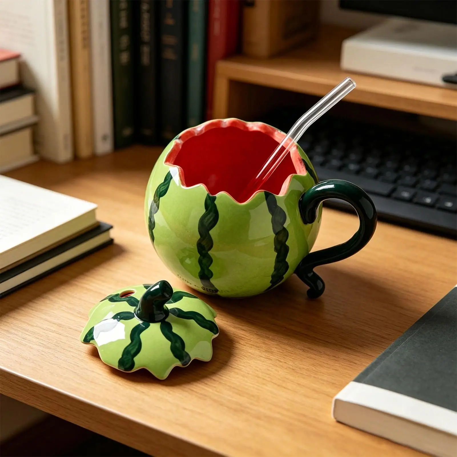 Funny Mugs 300ml Watermelon With Straw Lid Drinkware Fruit Ceramic Mug Coffee Cup For Mothers Friend Sister Daughter Birthday