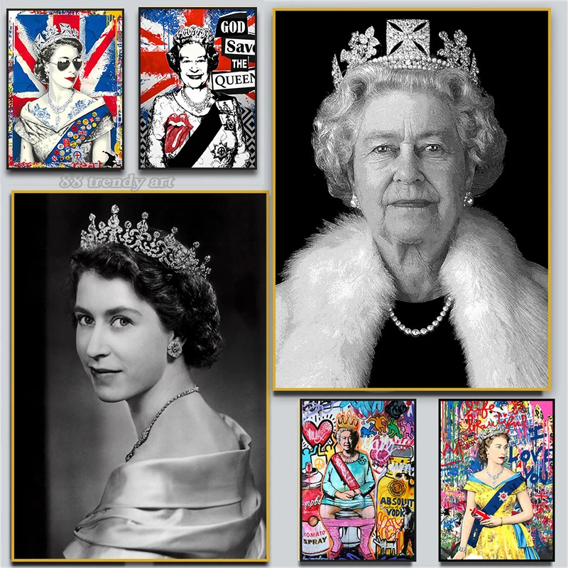 Elizabeth Portrait Art Posters Queen of England Pop Graffiti Art Canvas Painting Funny Character Wall Art for Home Decor Cuadros