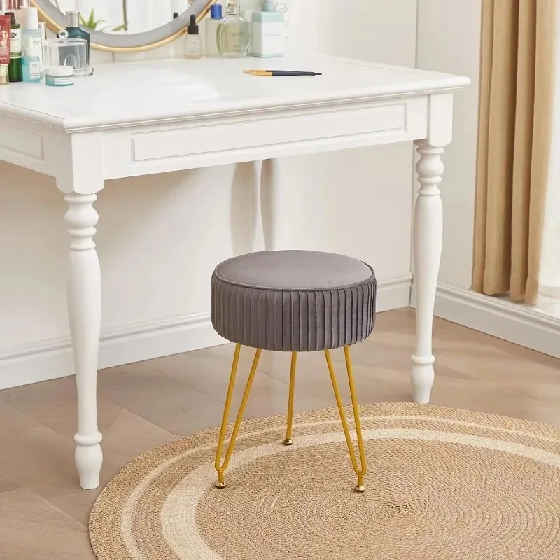 Velvet Modern Vanity Stool Ottoman with Adjustable Golden Legs Multifunctional Makeup Stool for Bedroom Grey
