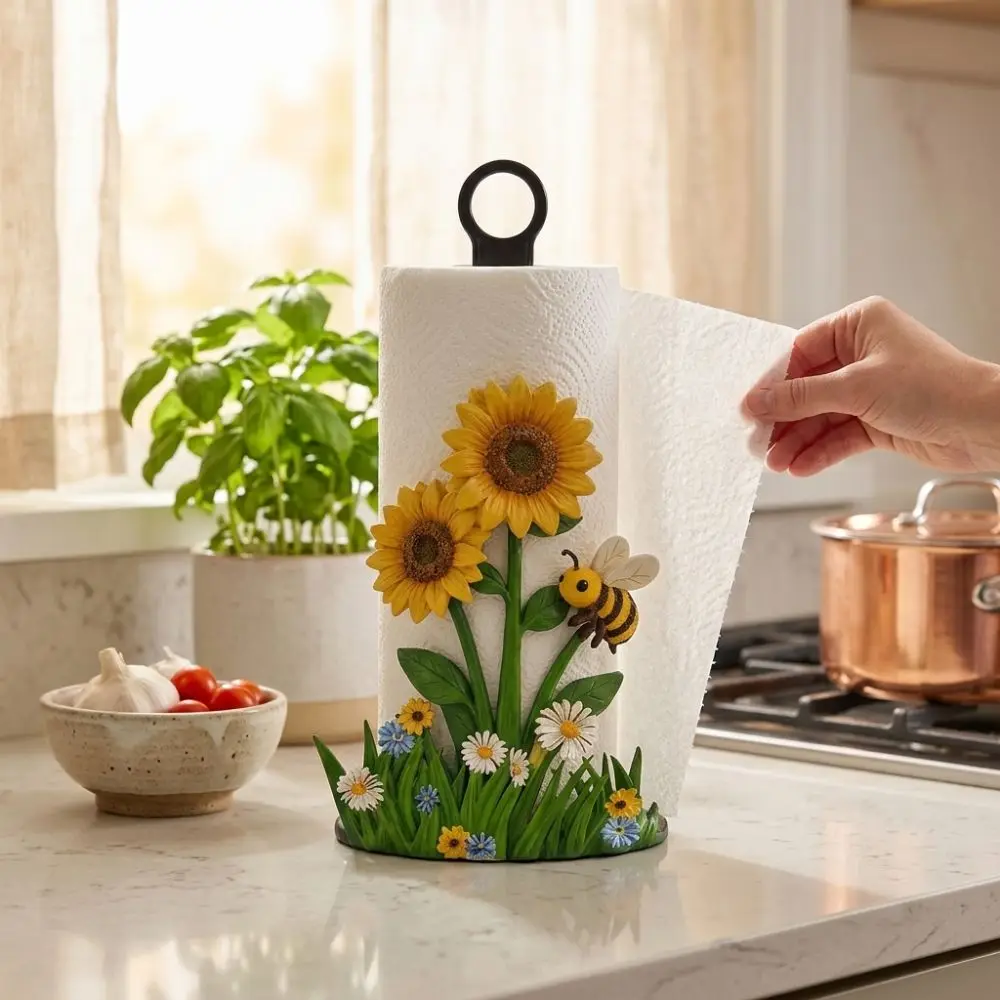 2D Flat Floral Paper Towel Holder Animal Flower Pattern Cook Character Vertical Roll Paper Holder Wooden Base Autumn Leaf