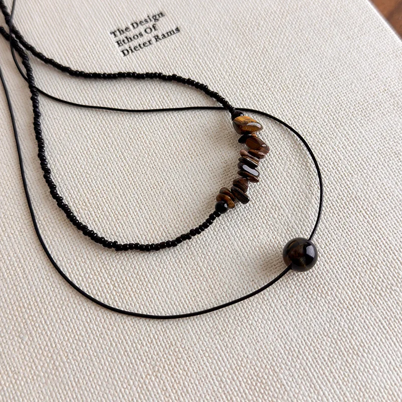 Black Tiger Eye Stone Irregular Beaded Collarbone Choker New Chinese Vintage Wood Grain Sweet Cool Unique Design Premium Daily