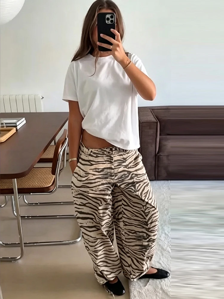 Trendy Casual Zebra‑print Wide‑leg Trousers High Waist Loose Relaxed Lightweight Women Pants Chic Fall Street Fashion Bottom