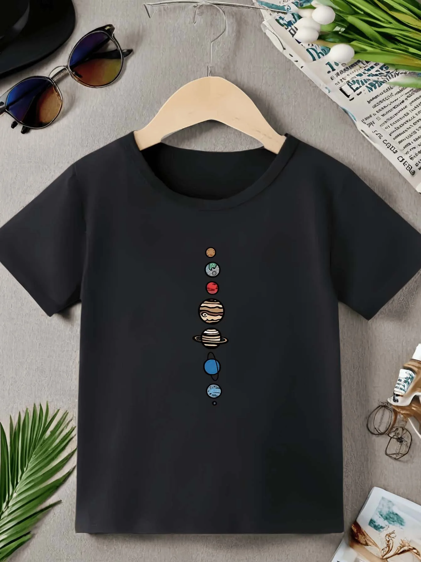 Cute Solar System Planet Cartoon Print Graphic Kids Tee Boys Girls Family Matching Cotton Crew Neck Short Sleeve Soft Summer Tee