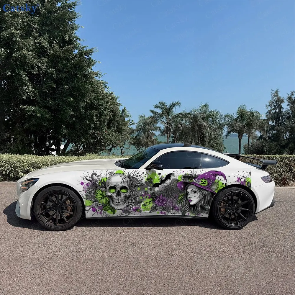 2pcs Ink Dot Spider Web Bat Car Side Wraps, Self-Adhesive PVC Waterproof & Scratch-Resistant Stickers, Car Accessory Gift